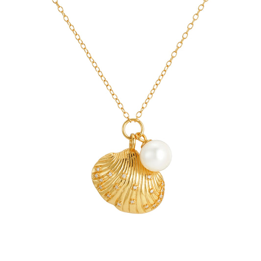 Shell necklace with Zirkonia diamonds and pearl